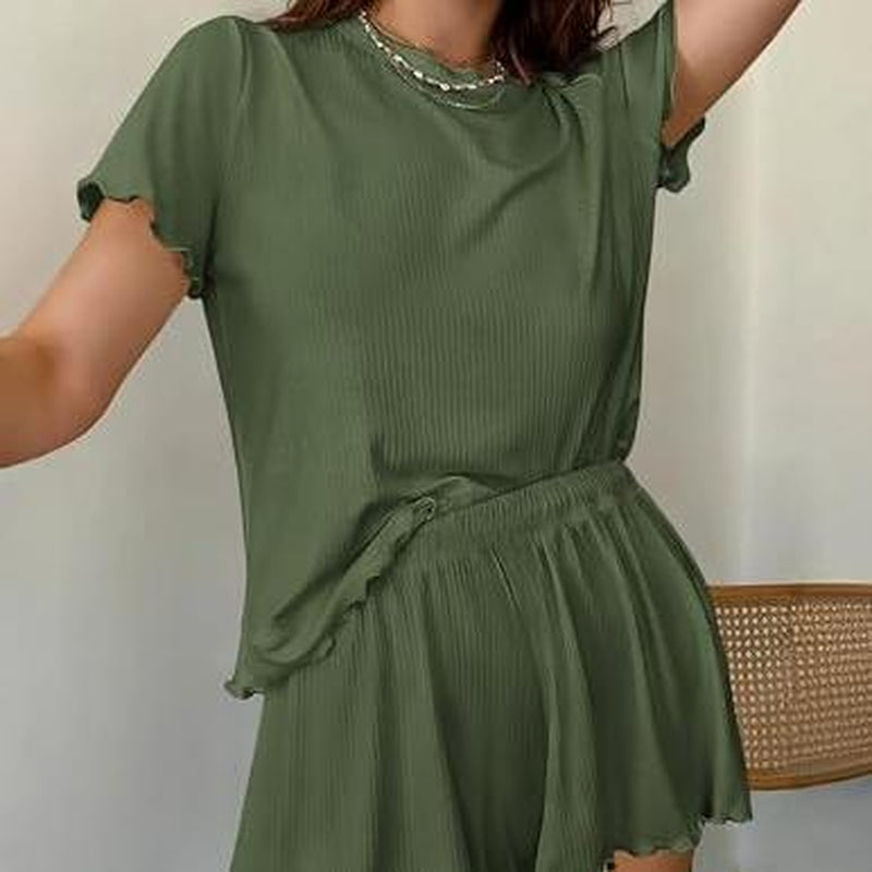 EKOUAER Womens Pajamas 2 Piece Ribbed Knit Pjs Short Sleeve Sleepwear Set Summer Soft Pajamas Set Casual Lounge Sets