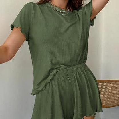 EKOUAER Womens Pajamas 2 Piece Ribbed Knit Pjs Short Sleeve Sleepwear Set Summer Soft Pajamas Set Casual Lounge Sets