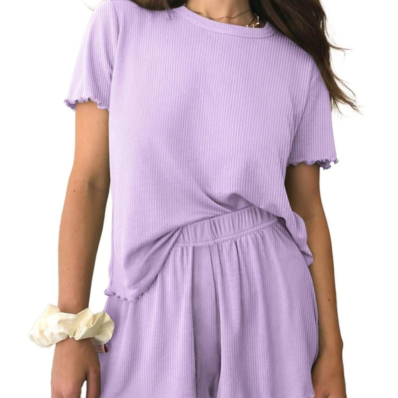 EKOUAER Womens Pajamas 2 Piece Ribbed Knit Pjs Short Sleeve Sleepwear Set Summer Soft Pajamas Set Casual Lounge Sets