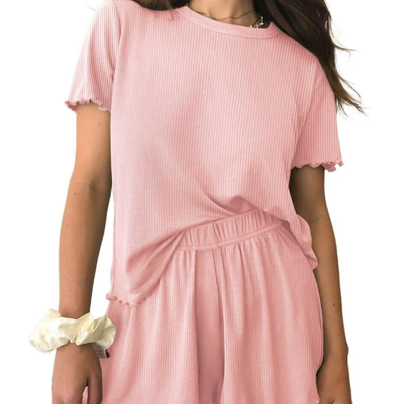 EKOUAER Womens Pajamas 2 Piece Ribbed Knit Pjs Short Sleeve Sleepwear Set Summer Soft Pajamas Set Casual Lounge Sets