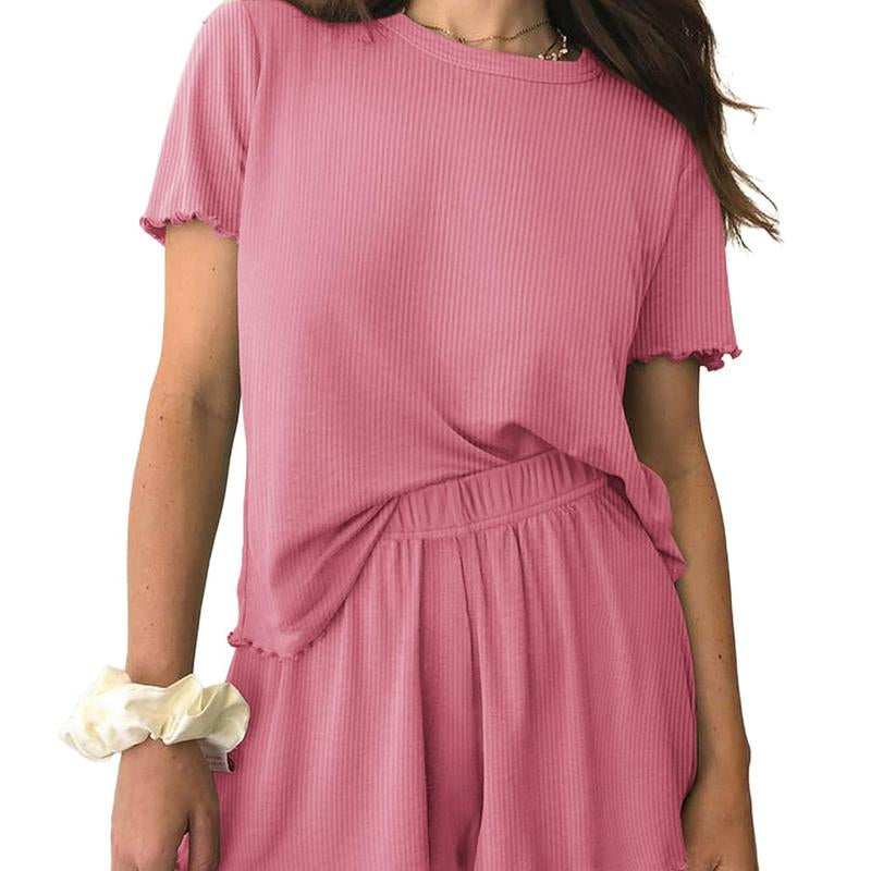 EKOUAER Womens Pajamas 2 Piece Ribbed Knit Pjs Short Sleeve Sleepwear Set Summer Soft Pajamas Set Casual Lounge Sets