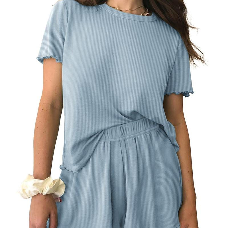 EKOUAER Womens Pajamas 2 Piece Ribbed Knit Pjs Short Sleeve Sleepwear Set Summer Soft Pajamas Set Casual Lounge Sets