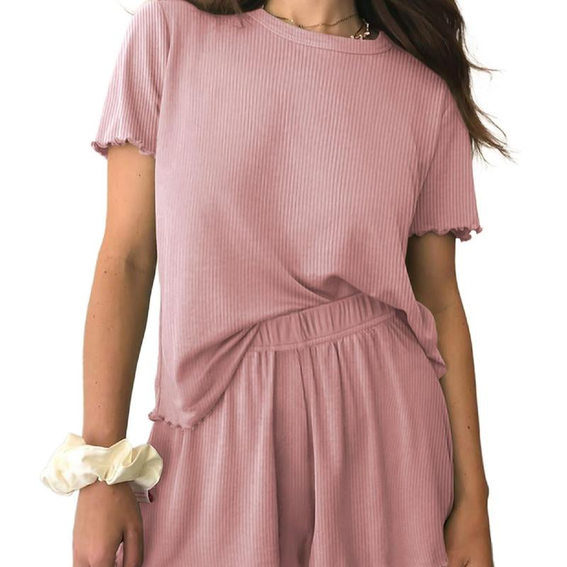 EKOUAER Womens Pajamas 2 Piece Ribbed Knit Pjs Short Sleeve Sleepwear Set Summer Soft Pajamas Set Casual Lounge Sets