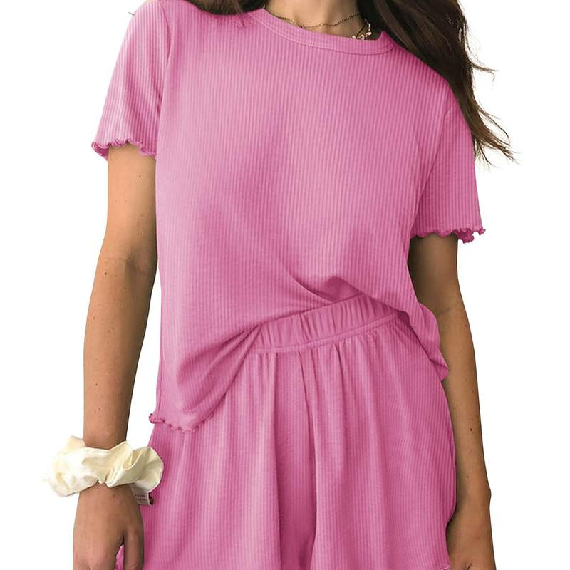 EKOUAER Womens Pajamas 2 Piece Ribbed Knit Pjs Short Sleeve Sleepwear Set Summer Soft Pajamas Set Casual Lounge Sets